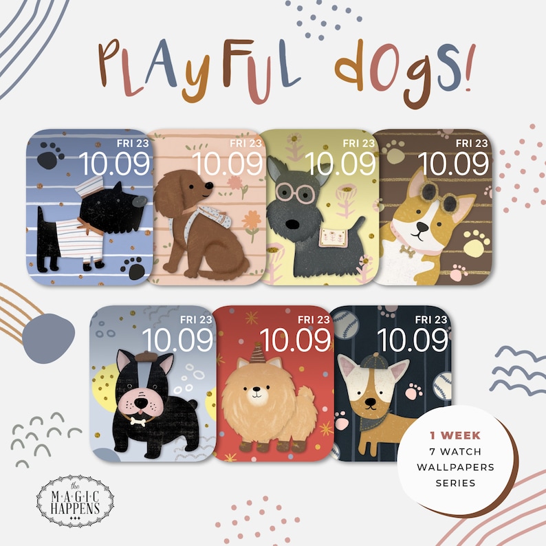 Puede incluir: Siete esferas de reloj coloridas con ilustraciones de perros juguetones. Cada esfera muestra la fecha y la hora, con el texto "FRI 23 10.09". El texto "1 WEEK 7 WATCH WALLPAPERS SERIES" se muestra en un c&iacute;rculo marr&oacute;n en la esquina inferior derecha de la imagen.