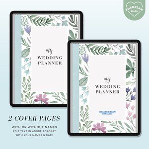 May include: Two printable cover pages for a wedding planner. The cover pages feature a watercolor floral design with green leaves, pink and purple flowers, and a light blue background. The text on the cover pages reads "my wedding planner". One cover page includes the text "SHELLEY & RYAN" and "JUNE 14, 2022".