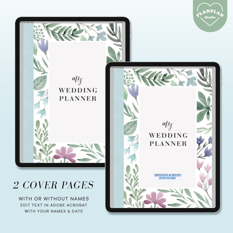 May include: Two printable cover pages for a wedding planner. The cover pages feature a watercolor floral design with green leaves, pink and purple flowers, and a light blue background. The text on the cover pages reads "my wedding planner". One cover page includes the text "SHELLEY & RYAN" and "JUNE 14, 2022".