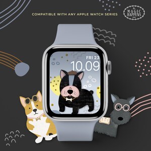 Puede incluir: Un Apple Watch azul con una esfera blanca que muestra la hora 10:09 y la fecha VIE 23. La esfera del reloj presenta una ilustraci&oacute;n de dibujos animados de un bulldog franc&eacute;s blanco y negro con un sombrero. El reloj est&aacute; rodeado de ilustraciones de dibujos animados de perros, incluyendo un corgi y un terrier.