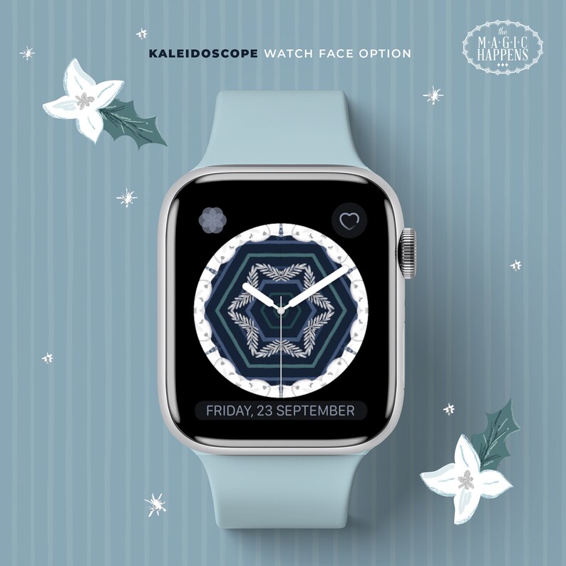May include: A blue Apple Watch with a white band and a kaleidoscope watch face. The watch face displays the date and time, and the text "FRIDAY, 23 SEPTEMBER".