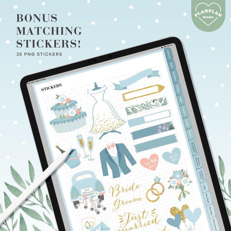 May include: A set of 25 digital wedding stickers in PNG format. The stickers feature a variety of wedding-themed illustrations, including a wedding cake, a bride in a white dress, a groom in a blue suit, a car with "Just Married" on the back, and a pair of wedding rings. The stickers are in a blue and gold color scheme.