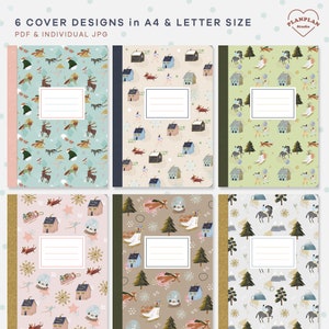 May include: Six printable notebook cover designs in A4 and Letter size. The designs feature a winter theme with illustrations of houses, trees, animals, and snowflakes. The covers are available in PDF and individual JPG formats.