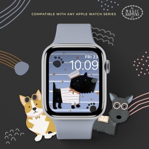 Puede incluir: Un Apple Watch azul con una esfera blanca que muestra la hora 10:09 y la fecha VIE 23. La esfera del reloj presenta una ilustraci&oacute;n de dibujos animados de un perro negro con un sombrero de marinero y una camisa a rayas azules y blancas. El reloj est&aacute; rodeado de ilustraciones de dibujos animados de perros.