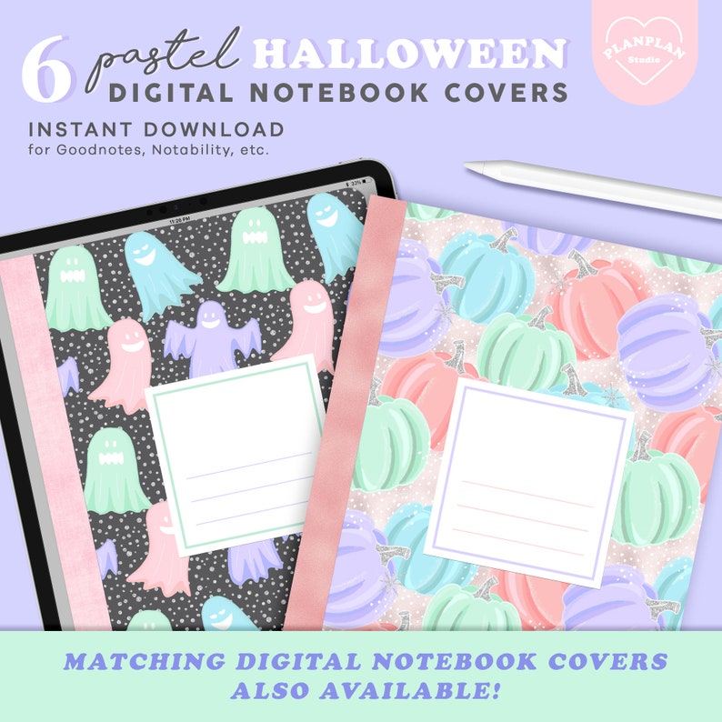 May include: Two digital notebook covers with a Halloween theme. One cover features pastel ghosts on a black background with white glitter. The other cover features pastel pumpkins on a white background with blue glitter. Both covers have a pink border and a white space for a title.