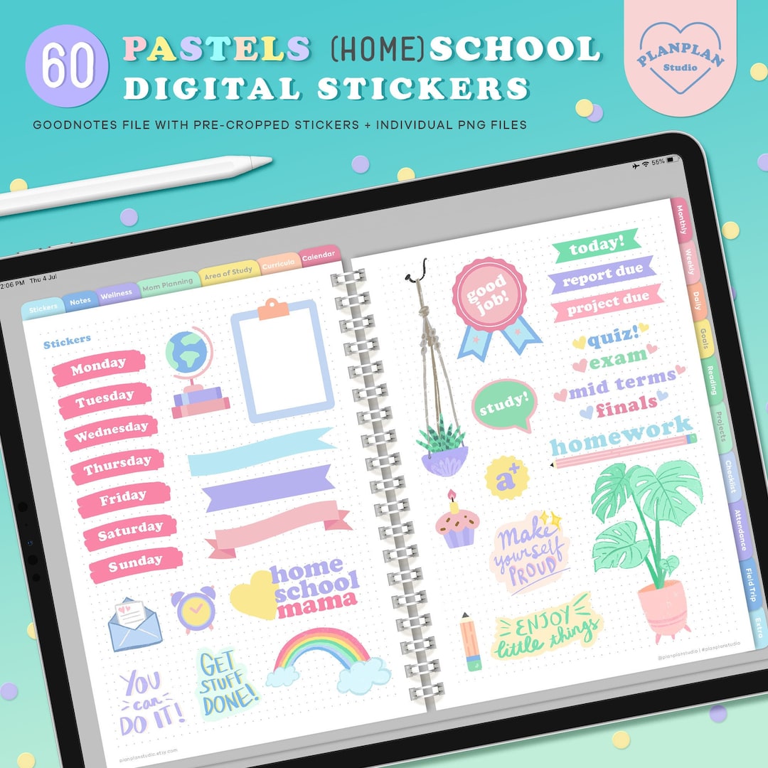 Digital Homeschool Planner Stickers Pastels, Study Digital Stickers for