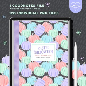 May include: A digital sticker book with a pastel Halloween theme. The cover features a pattern of pastel-colored pumpkins on a black background with white glitter. The title "Pastel Halloween" and "Digital Sticker Book" are displayed in a white box. The text "120 Pre-Cropped Stickers" is also included.