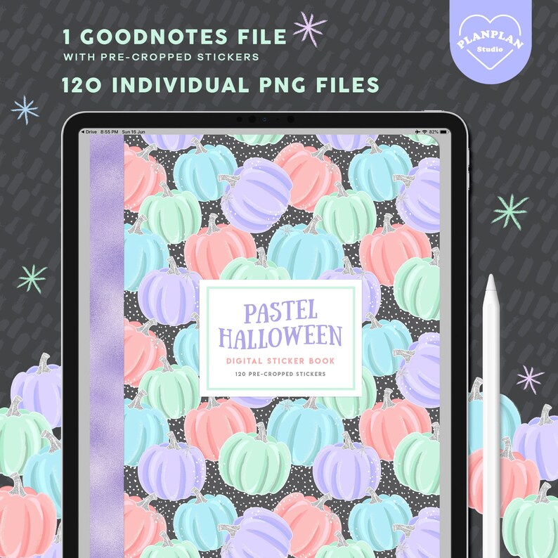 May include: A digital sticker book with a pastel Halloween theme. The cover features a pattern of pastel-colored pumpkins on a black background with white glitter. The title "Pastel Halloween" and "Digital Sticker Book" are displayed in a white box. The text "120 Pre-Cropped Stickers" is also included.