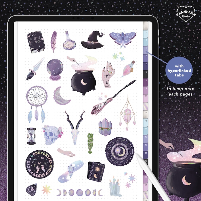 May include: A digital planner page with a variety of witchy stickers, including a cauldron, a crystal, a skull, a broom, a spell book, a moon, and a Ouija board. The stickers are on a white background with a dotted grid pattern. The page is part of a digital planner with hyperlinked tabs to jump to different pages.