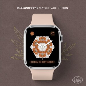 以下が含まれることがあります： 銀色のケースと万華鏡の文字盤が付いたピンクのApple Watch。文字盤には「FRIDAY, 23 SEPTEMBER」の日付が表示されています。