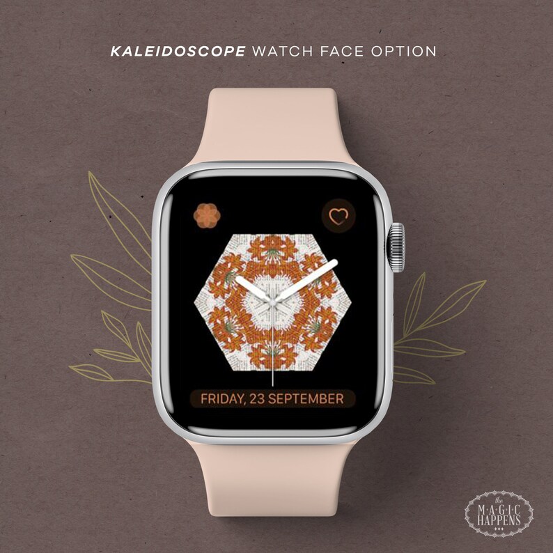 以下が含まれることがあります： 銀色のケースと万華鏡の文字盤が付いたピンクのApple Watch。文字盤には「FRIDAY, 23 SEPTEMBER」の日付が表示されています。