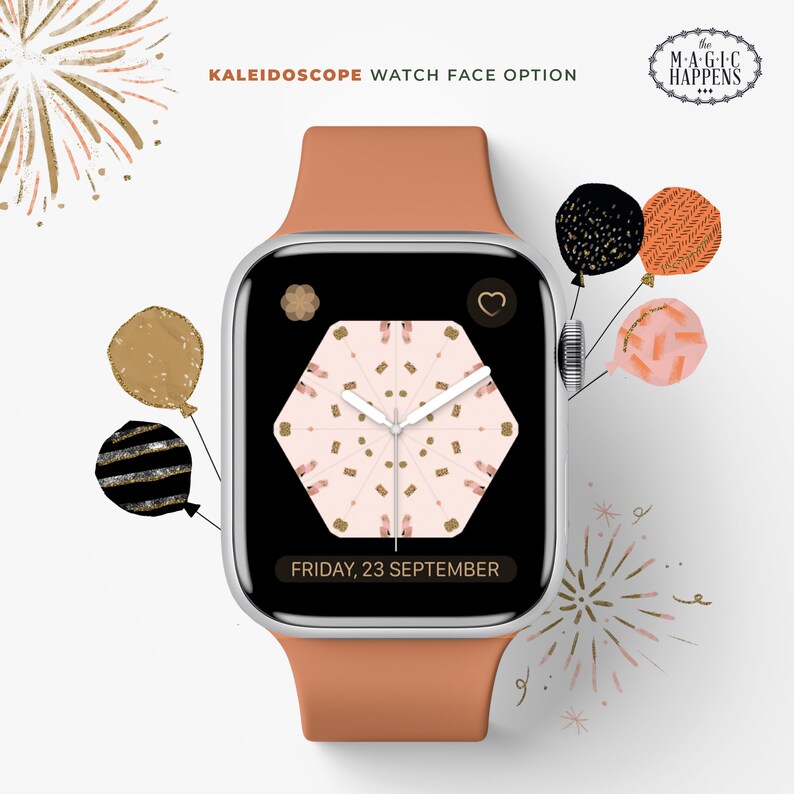 May include: A pink and gold watch face with a kaleidoscope design. The watch face is on a smart watch with a peach-colored band. The watch face displays the date and time. The image also includes a fireworks design and balloons in the background.