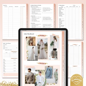 Pu&ograve; includere: Un planner di nozze digitale con uno schema di colori rosa e bianco. Il planner include sezioni per un elenco degli invitati, una scaletta del matrimonio, un budget, un moodboard per l'abbigliamento e una lista della spesa. Il moodboard presenta immagini di abiti da sposa e abiti.