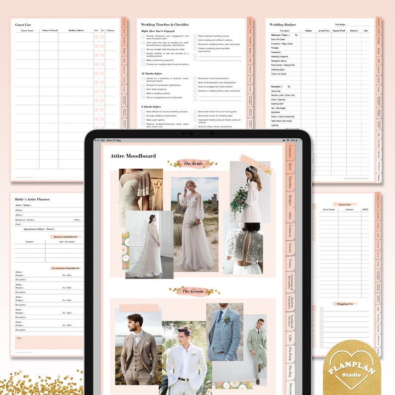 Pu&ograve; includere: Un planner di nozze digitale con uno schema di colori rosa e bianco. Il planner include sezioni per un elenco degli invitati, una scaletta del matrimonio, un budget, un moodboard per l'abbigliamento e una lista della spesa. Il moodboard presenta immagini di abiti da sposa e abiti.