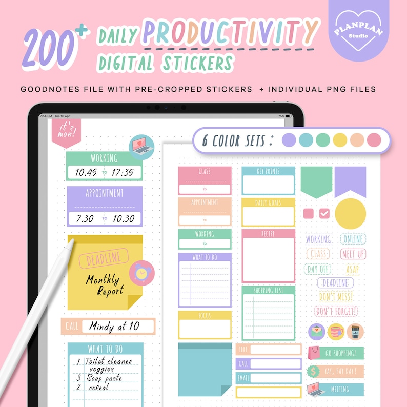 Daily Productivity Digital Planner Stickers for Goodnotes Etsy