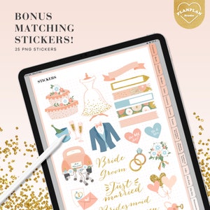 Pu&ograve; includere: Uno schermo di un planner digitale che mostra un set di 25 adesivi a tema matrimonio. Gli adesivi presentano una variet&agrave; di design, tra cui una sposa e uno sposo, una torta nuziale, bicchieri di champagne, un'auto e un bouquet di fiori. Gli adesivi sono in uno schema di colori rosa, blu e oro.