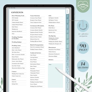 May include: A digital planner for wedding planning with 90 pages and 14 sections. The planner includes sections for basic planning tools, venue selection, ceremony and reception, gifts, pre-party, the big day, honeymoon, vendors and services, and stickers. The planner is designed with a light blue and green color scheme and features a floral design.