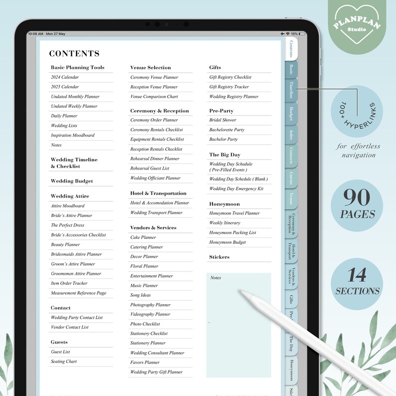 May include: A digital planner for wedding planning with 90 pages and 14 sections. The planner includes sections for basic planning tools, venue selection, ceremony and reception, gifts, pre-party, the big day, honeymoon, vendors and services, and stickers. The planner is designed with a light blue and green color scheme and features a floral design.