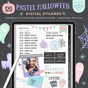 May include: A set of 120 pastel Halloween digital stickers for Goodnotes. The stickers feature ghosts, pumpkins, spiders, and other Halloween-themed designs. The stickers are perfect for adding a touch of whimsy to your planner or journal.