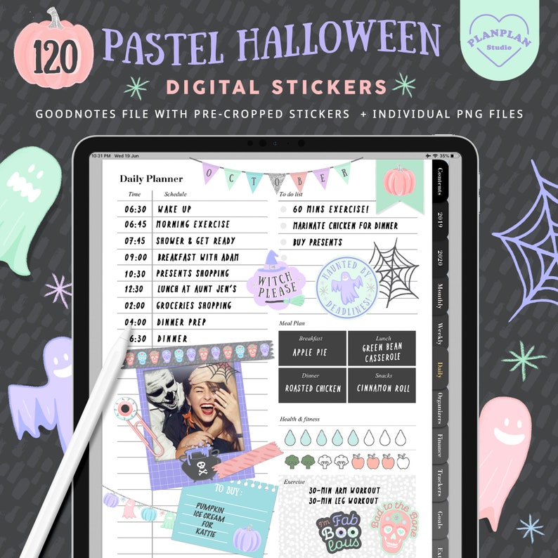 May include: A set of 120 pastel Halloween digital stickers for Goodnotes. The stickers feature ghosts, pumpkins, spiders, and other Halloween-themed designs. The stickers are perfect for adding a touch of whimsy to your planner or journal.