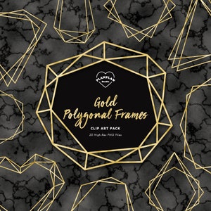May include: A set of 20 gold polygonal frames on a black marble background. The frames are in various shapes and sizes, including hearts, circles, and squares. The text "Gold Polygonal Frames" and "Clip Art Pack" is written in black text on a white background. The text "20 High-Res PNG Files" is written in black text on a white background.