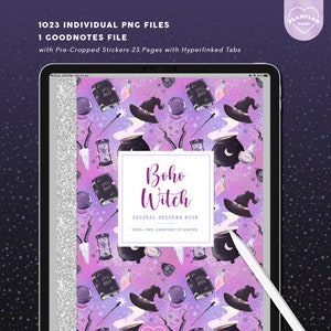 May include: A digital sticker book with a purple and pink background featuring a witch hat, cauldron, and other witchy elements. The text "Boho Witch" is in the center of the image. The text "Digital Sticker Book" and "1000+ Pre-Cropped Stickers" are below the title.