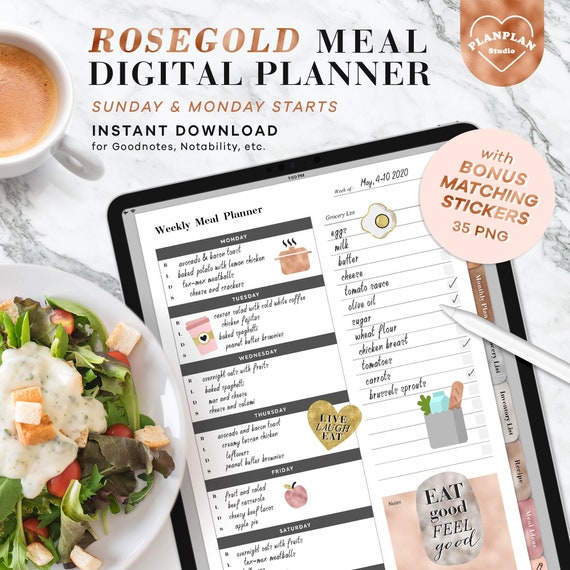 Digital Meal Planner in Rosegold Meal Planner Templates