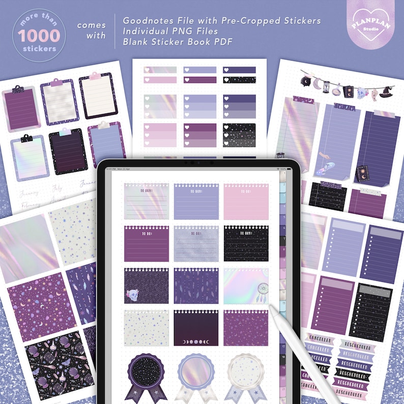 May include: A digital planner with over 1000 stickers in a purple and white color scheme. The stickers include to-do lists, checklists, and decorative elements. The planner is compatible with Goodnotes and includes individual PNG files and a blank sticker book PDF.