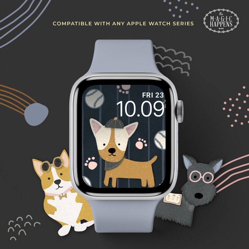 Puede incluir: Un Apple Watch azul con una esfera de reloj digital que muestra "FRI 23 10:09". La esfera del reloj tiene una ilustraci&oacute;n de dibujos animados de un perro marr&oacute;n y blanco con un pa&ntilde;uelo azul y una gorra de b&eacute;isbol. El reloj est&aacute; rodeado de ilustraciones de dibujos animados de perros, incluyendo un corgi marr&oacute;n y blanco y un terrier negro y blanco.