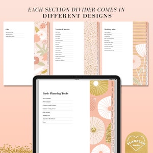 Pu&ograve; includere: Un planner digitale con un design rosa e oro. Il planner include sezioni per regali, fornitori e servizi, abbigliamento da sposa e strumenti di pianificazione di base. Il planner ha un calendario 2023, un planner mensile non datato, un planner settimanale non datato, un planner giornaliero, una lista di nozze, una bacheca di ispirazione e note.