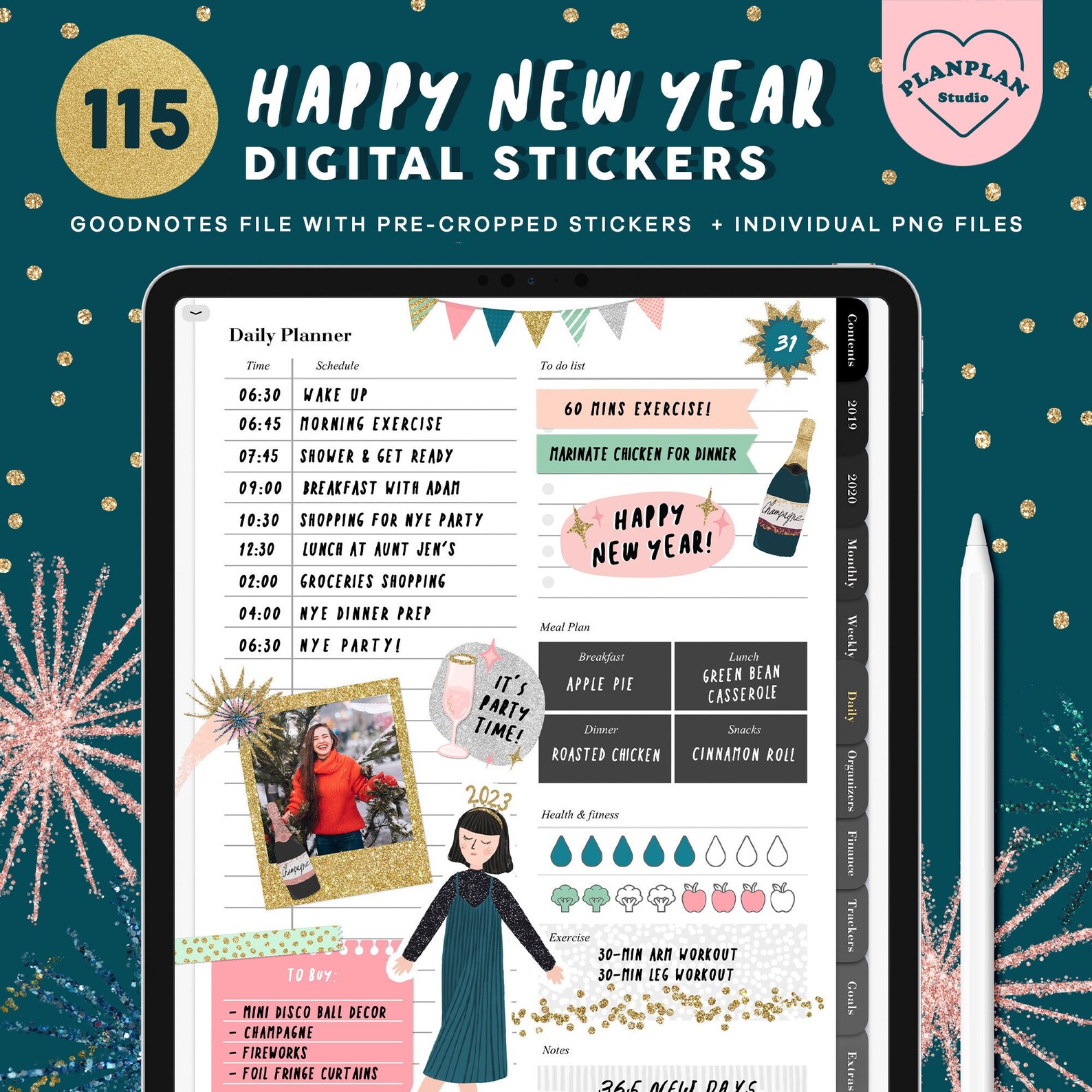 Glittery New Year Planner Stickers, Happy New Year Digital Stickers ...
