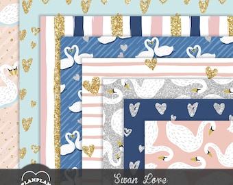 Swan Love Digital Paper, Hand Drawn Vallentine Illustration Seamless Background, Glittery Valentine Paper, Cute Pastel Heart Digital Paper