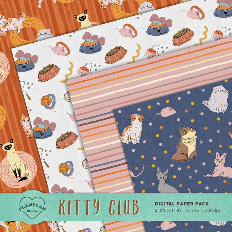 Kitty Club Digital Paper, Hand Drawn Cute Cat Seamless Pattern, Cute ...