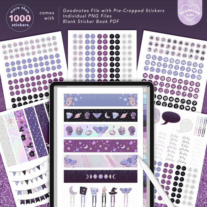 May include: A digital planner page with over 1,000 purple and black stickers, including a variety of icons, numbers, and decorative elements. The page also includes a banner with a moon, stars, and a moth.