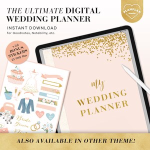 May include: A digital wedding planner on a pink background with gold glitter. The planner is titled "My Wedding Planner". The image also includes a set of 25 bonus stickers for Goodnotes and Notability.