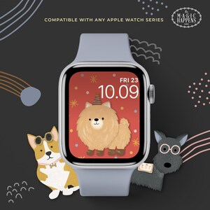 Puede incluir: Una esfera de reloj digital con fondo rojo y un perro de dibujos animados con un gorro de fiesta. La hora es 10:09 y la fecha es VIE 23. La esfera del reloj es compatible con cualquier serie de Apple Watch.