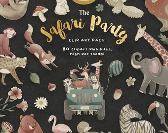 Safari Party Clip Art, Hand drawn Wild Animal  Illustration, Watercolor Forest Animal PNG, Jungle Safari Birthday Party Graphics