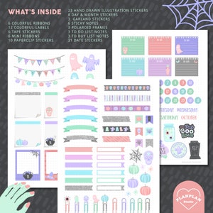 May include: A set of Halloween themed planner stickers featuring ghosts, pumpkins, skulls, and other spooky designs. The stickers are in pastel colors and include various shapes, including banners, frames, and ribbons. The stickers are perfect for adding a touch of Halloween fun to your planner.