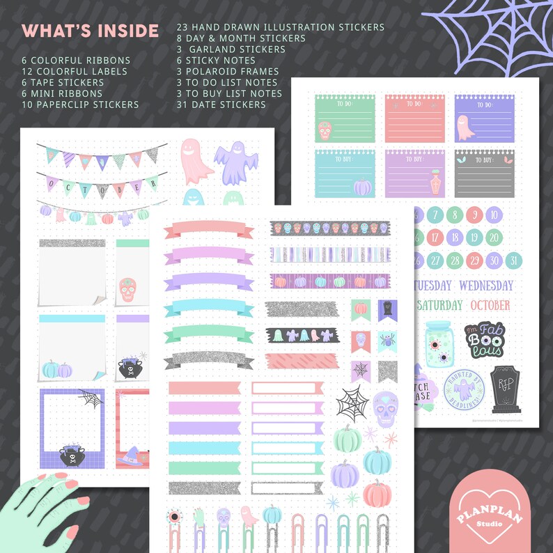 May include: A set of Halloween themed planner stickers featuring ghosts, pumpkins, skulls, and other spooky designs. The stickers are in pastel colors and include various shapes, including banners, frames, and ribbons. The stickers are perfect for adding a touch of Halloween fun to your planner.