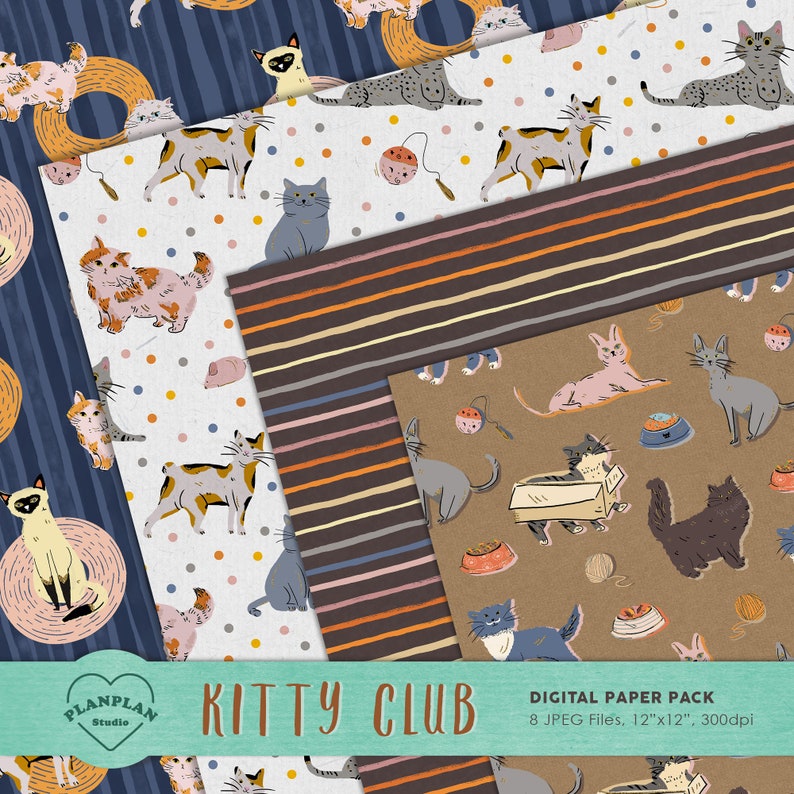 Kitty Club Digital Paper, Hand Drawn Cute Cat Seamless Pattern, Cute ...