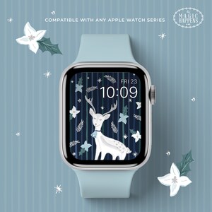 May include: A blue Apple Watch face with a white reindeer and a blue and green floral pattern. The time is 10:09 and the date is FRI 23. The text "The Magic Happens" is in a circle at the top of the screen.