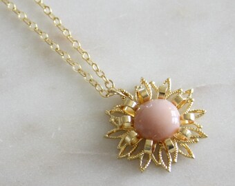 Pink Moonstone Agate & Vintage Renewed Filigree Sunflower Gold Tone Pendant Necklace