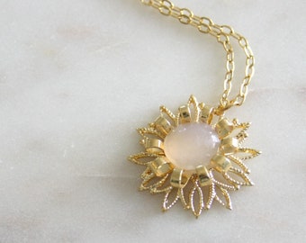 Milky Moonstone Agate & Vintage Renewed Filigree Sunflower Gold Tone Pendant Necklace