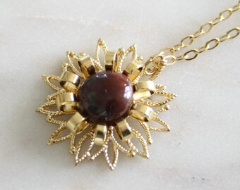 Dark Cherry Carnelian & Vintage Renewed Filigree Sunflower Gold Tone Pendant Necklace