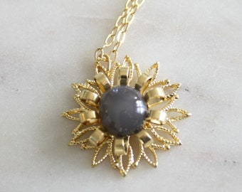 Dove Grey Moonstone Agate & Vintage Renewed Filigree Sunflower Gold Tone Pendant Necklace