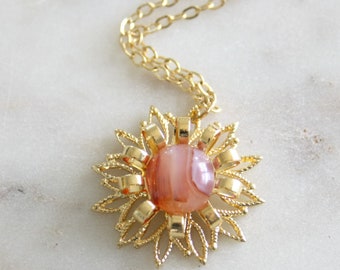 Milky Red Carnelian & Vintage Renewed Filigree Sunflower Gold Tone Pendant Necklace