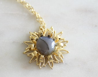 Dove Grey Marble Moonstone Agate & Vintage Renewed Filigree Sunflower Gold Tone Pendant Necklace