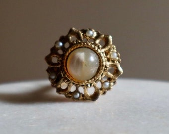 Salvaged Vintage Gold Tone Seed Pearl and Natural Gemstone Romantic Floral Flower Adjustable Ring
