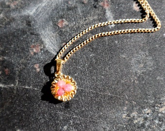 Pink Tourmaline Minimalist Sunflower Vintage Renewed 1970s Gold Tone Pendant Necklace