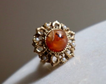 Salvaged Vintage Gold Tone Seed Pearl and Natural Gemstone Romantic Floral Flower Adjustable Ring